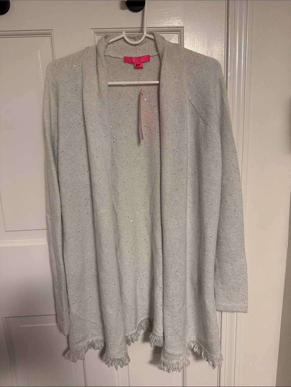 Lilly Pulitzer Light Gray Sparkle Open-Front Fringe Cardigan